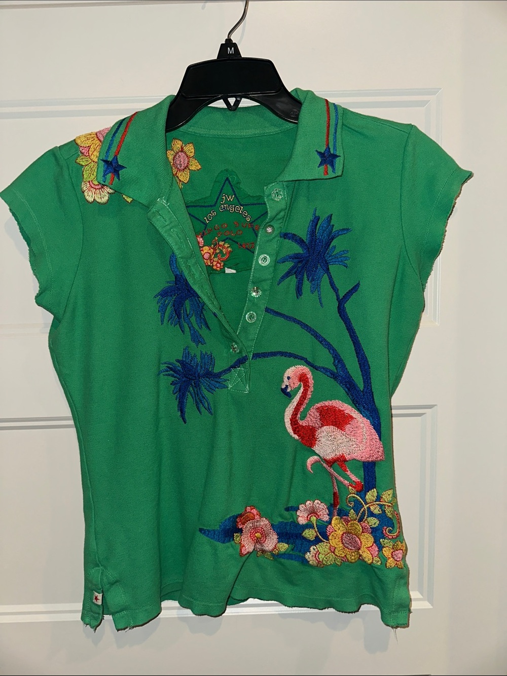 Johnny Was Los Angeles Green Short-Sleeve Polo Tee with Pink Flamingo Embroidery